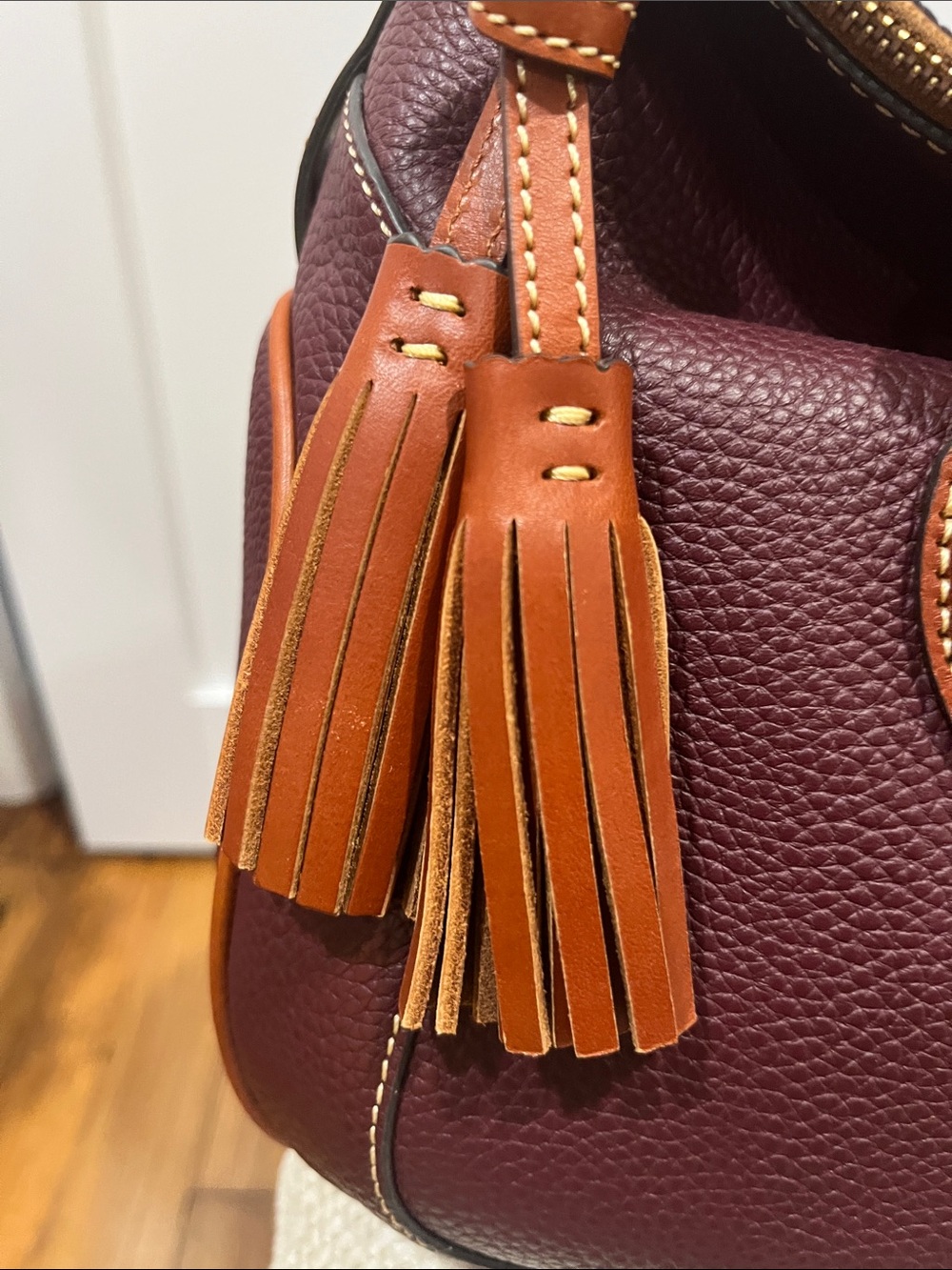 Dooney & Bourke  large Burgundy Pebble Leather Satchel with Tan Trim - Picture 4 of 16